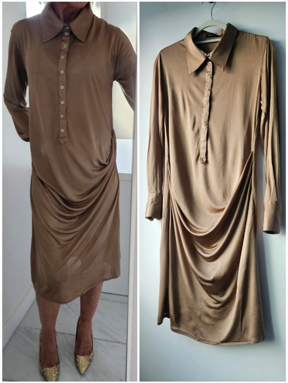 Nicholas K Taupe Silk Long Sleeve Draped Fluid Shirt Dress